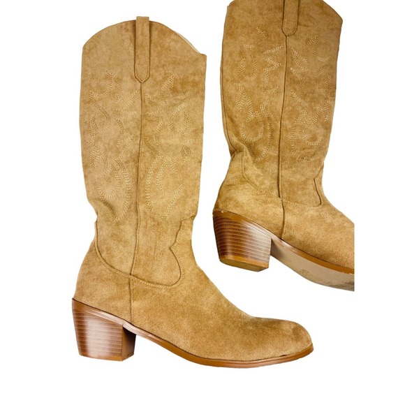 Womens Faux Leather Knee High Block Heels Western Cowboy Work Boots Tan Size 41 - Picture 6 of 13